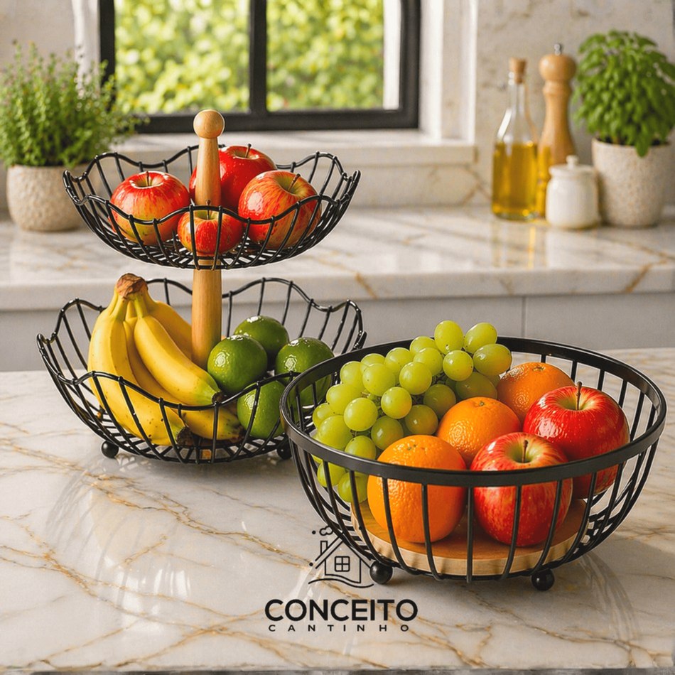 🟠 Fruteira de Mesa Rustica de Ferro e Bambu para Café da Manhã Multiuso Metal Preto Cesto Organizad