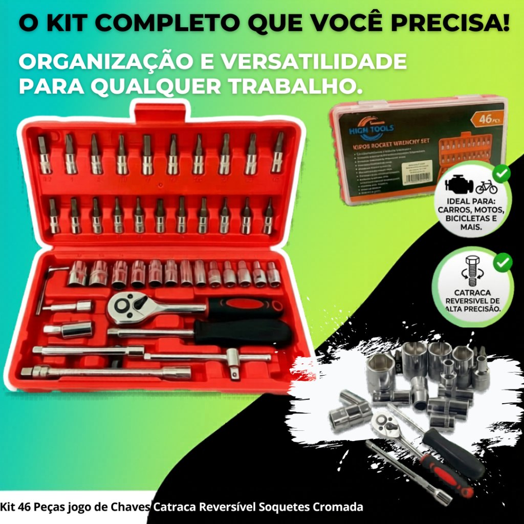 🔥 Kit 46 Peças jogo de Chaves Catraca Reversível Soquetes Cromada
✅ R$ 13
🎟 Aplique o cupom 50% na
