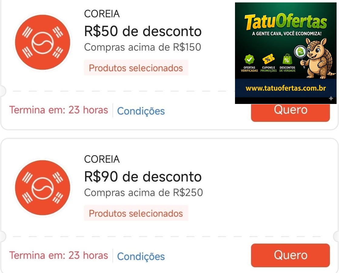 🇰🇷 CUPONS SELEÇÃO COREIA | #SHOPEE
👉 R$ 50 OFF acima de R$ 150
👉 R$ 90 OFF acima de R$ 250
🔗 RE