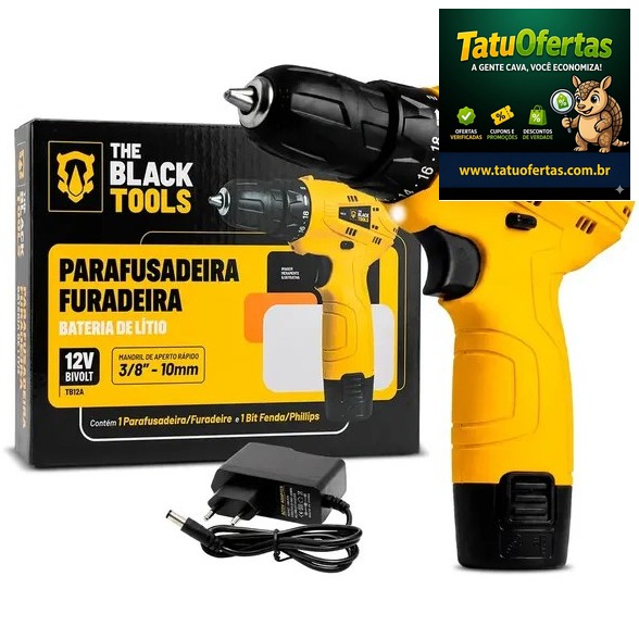 🟡 Parafusadeira Furadeira The Black Tools Tb12a 3/8 A Bateria Cor Amarelo Frequência 60hz 127/220v 
