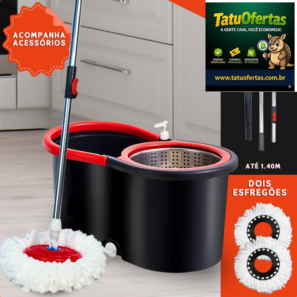 VALE MUITO A PENA 🤯
🟠 85% OFF | Mop Giratório 360 Cabo 140cm Balde Centrífuga Cesto Inox 14L 2 Ref